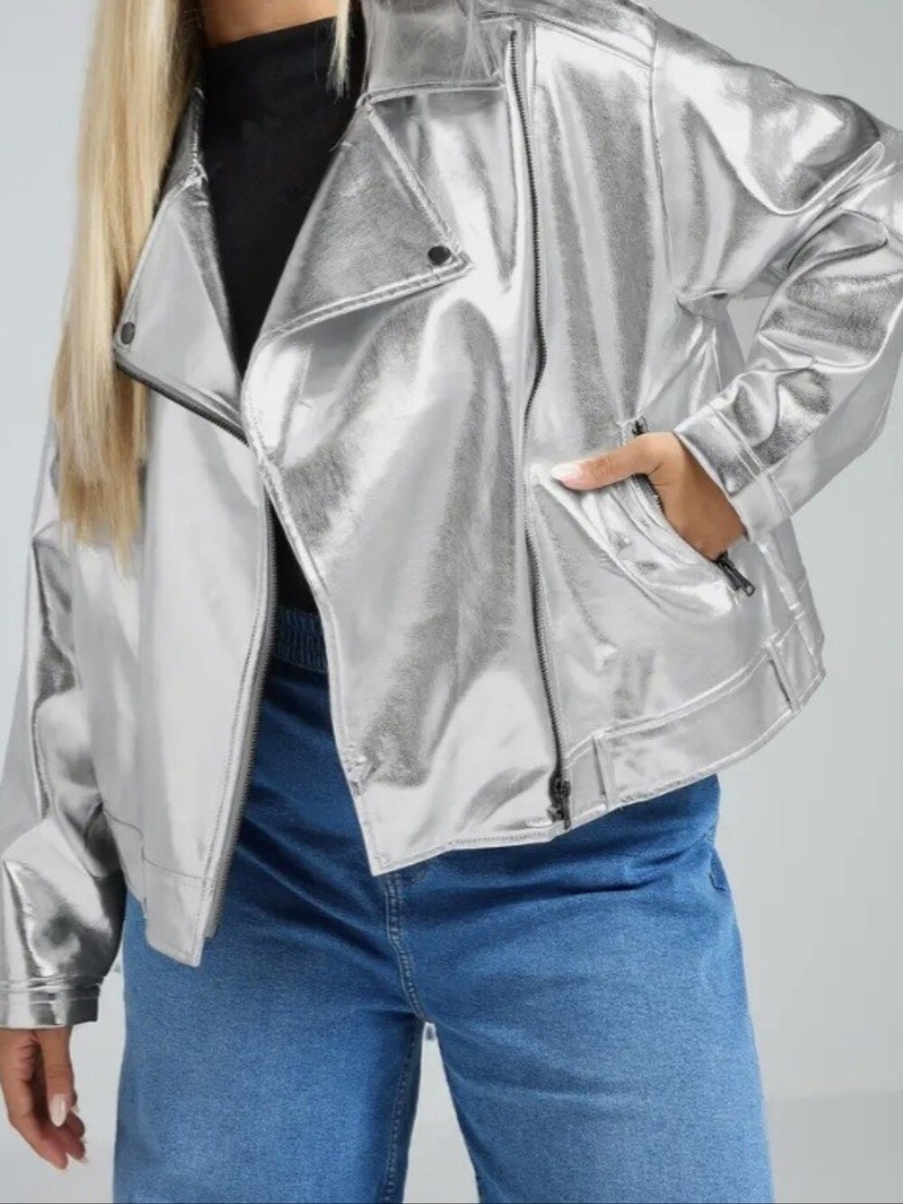 NWT! Yours Silver Metallic Cropped Moto Jacket Size US 16